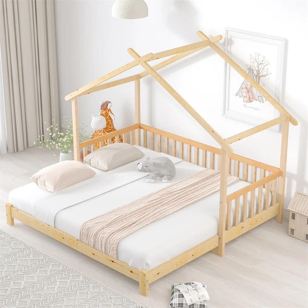 Erweiterbares Baumhausbett 90x200cm, Hausbett, Kinderbett, Tagesbett, Einzel- und Doppelbett, Massivholz, natur, ohne Matratze