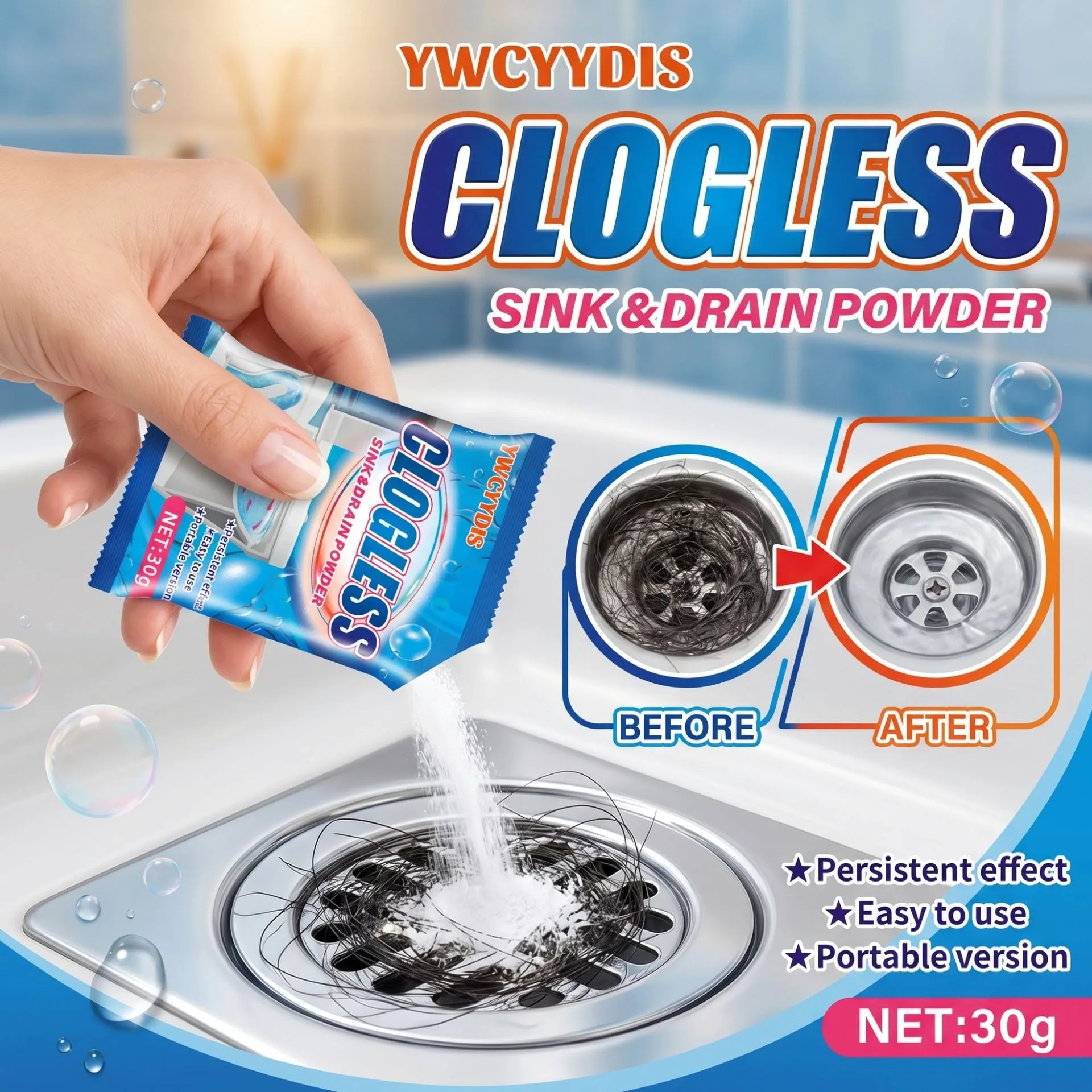 Drainage pipe cleaning powder, removing hair and oil stains, unclogging blockages, cleaning and dredging powder