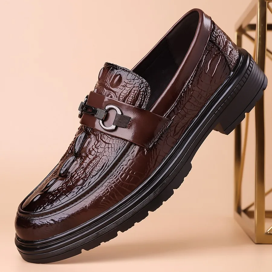 Men's Slip-On Loafers Crocodile-Texture Metal Buckle Comfortable Soft Sole for Business Casual and Weddings