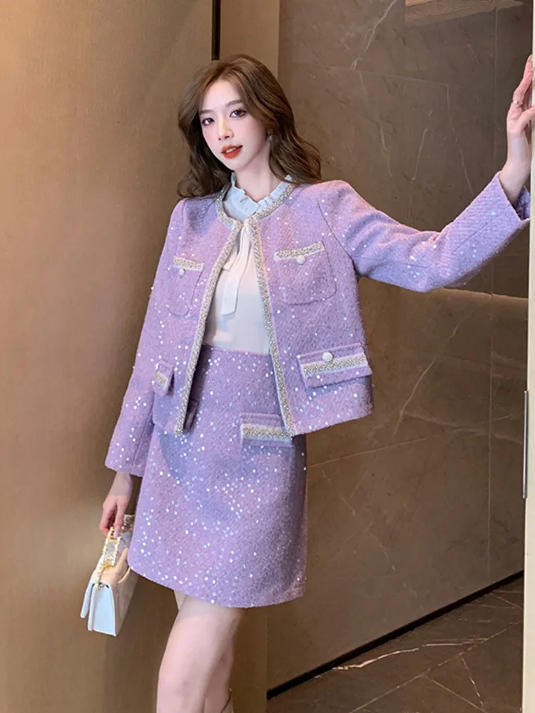 Blazer Suits Mini Skirts Sets Women Plaid Short Two Piece Set Autumn Pink White Slim Tweed Jacket Half Skirt Female Two-piece