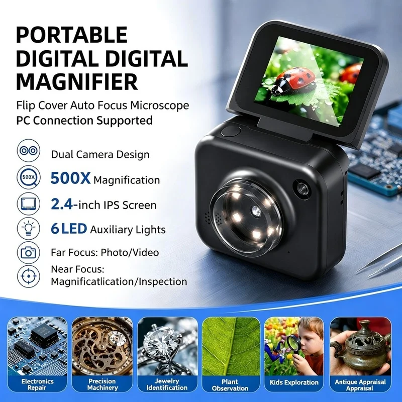 Super Sale Electronic Magnifying Glass 2.4 Inch Screen High Definition Digital Microscope Amplifier Rechargeable Handheld 8GB Bl