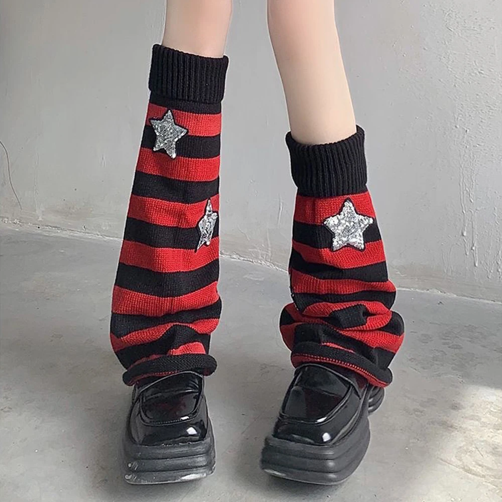 Y2K Harajuku Leg Warmers Japanese Girls Bone Striped Stars Knitted Elastic Leg Protector Women Long High Boot Stockings Socks