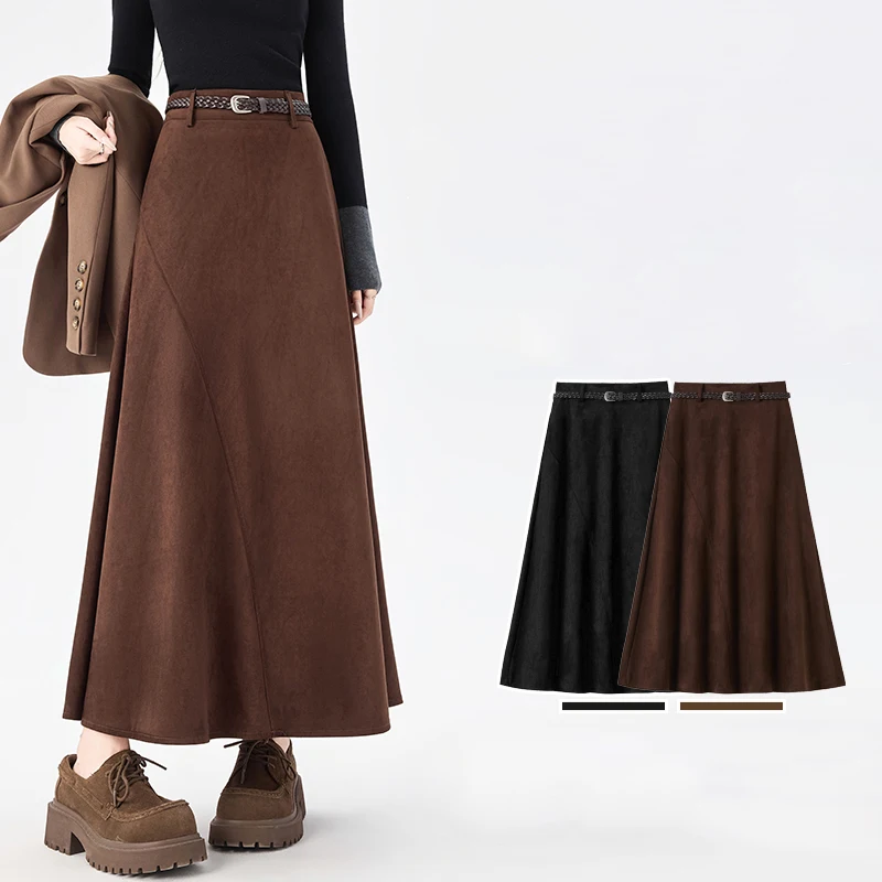 

Осень-зима 2022, женская лоскутная замшевая длинная юбка трапециевидной формы с поясом, шикарные повседневные женские юбки с высокой талией