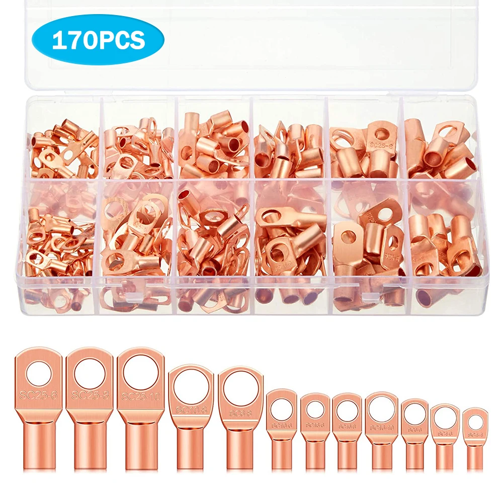 

170PCS Copper Ring Terminal Lug Battery Cable End Crimp Terminals Electrical Wire Connector Automotive SC Terminal AWG 4-12