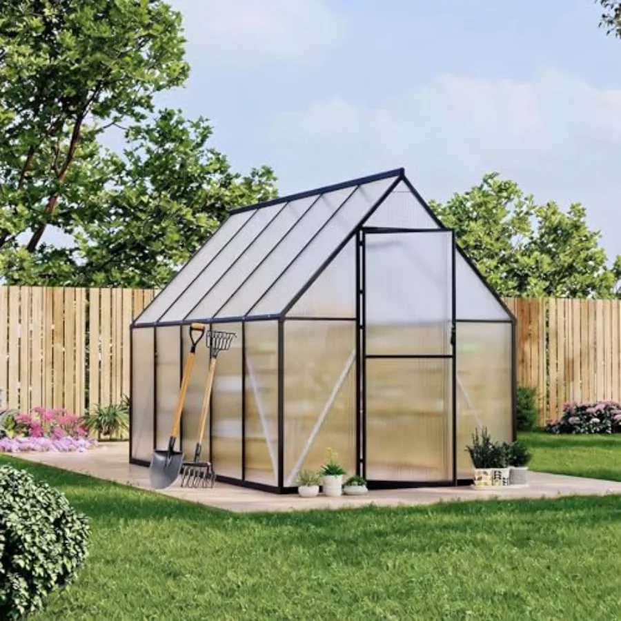 Outdoor aluminum walk-in house with polycarbonate walls, roof vent, lockable door, and gray finish for garden or backyard use