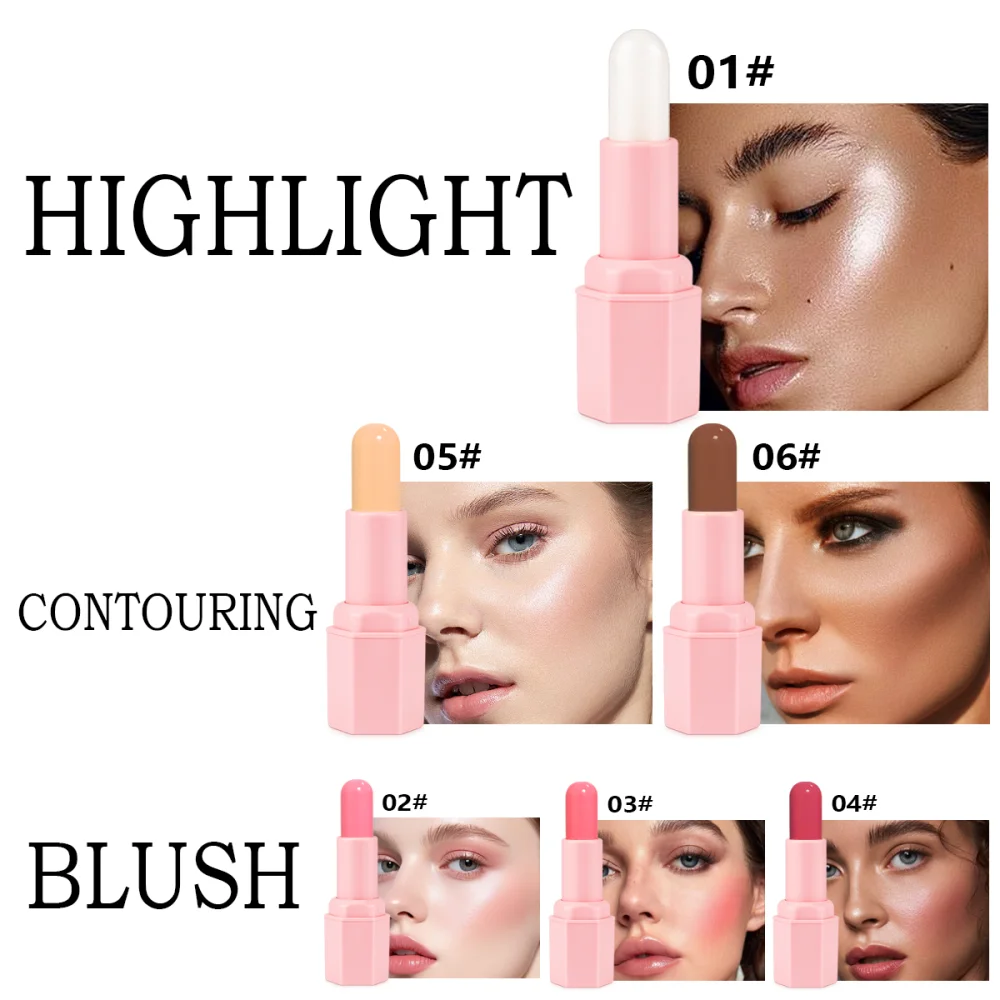 マットコンターメイクアップスティック、高光沢、保湿パウダーブラッシャースティック、シルキーで耐久性のある化粧品の6点セット