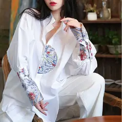 Chinese Stijl Gebloemd Overhemd Casual Losse Lente Herfst Vintage Opstaande Kraag Dameskleding Single-Breasted Blouse