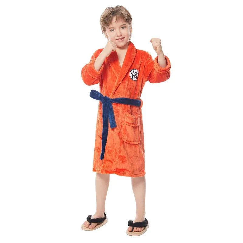 Adult Kids Goku Cosplay Bathrobe Orange Bath Towel Costume Pajamas Robe Belt Outfits Halloween Carnival Party Men Boy Anime Suit