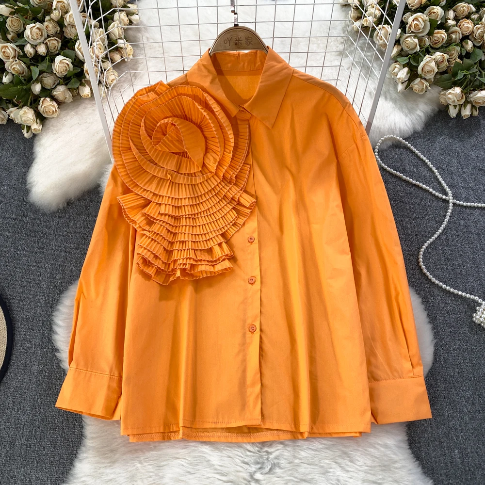 SuperAen Spring and Autumn Fashion Long Sleeves Sweet Pleated Wood Ear Panels Three-dimensional Flowers Loose Shirt Women