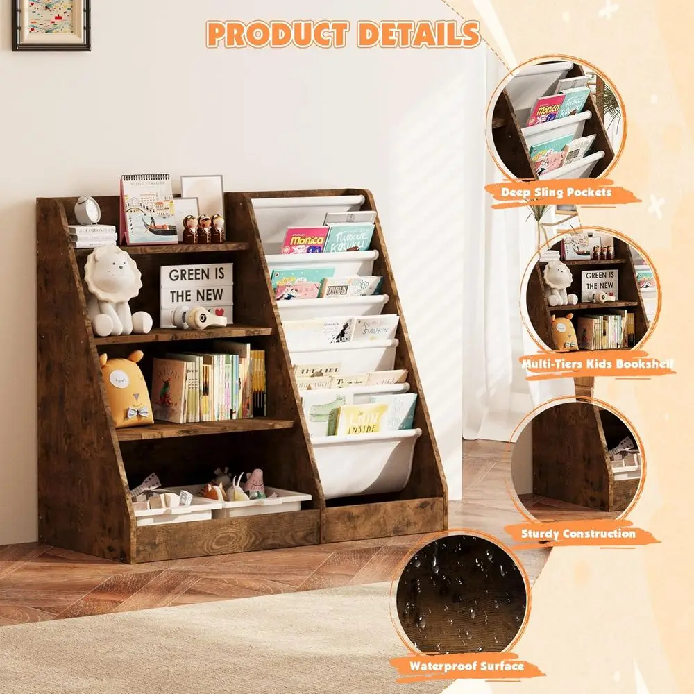 4-Tier Wooden Toddler Bookshelf with 5 Sling Sleeves for Nursery, Playroom, and Classroom Storage view 3