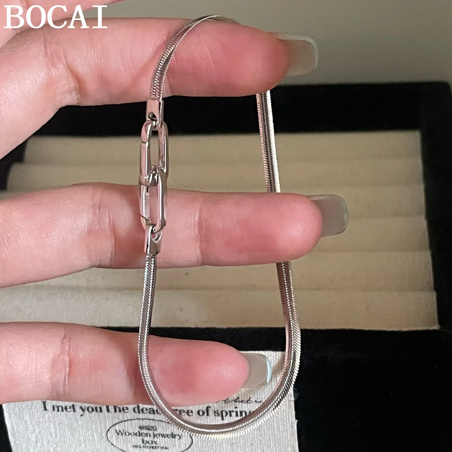 BOCAI New S925 Sterling Silver Jewelry Fashion Niche Versatile Buckle Flat Snake Bone Bracelet Women's Selected Gift