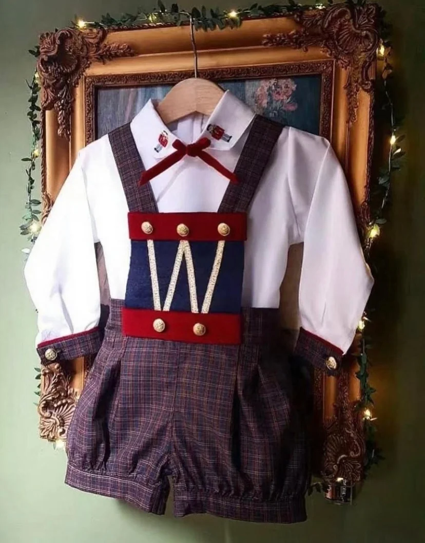 

0-6Y Baby Boy Autumn Nutcracker Embroidery Long Sleeves Red Plaid Suit for Birthday Party Photography Christmas C334