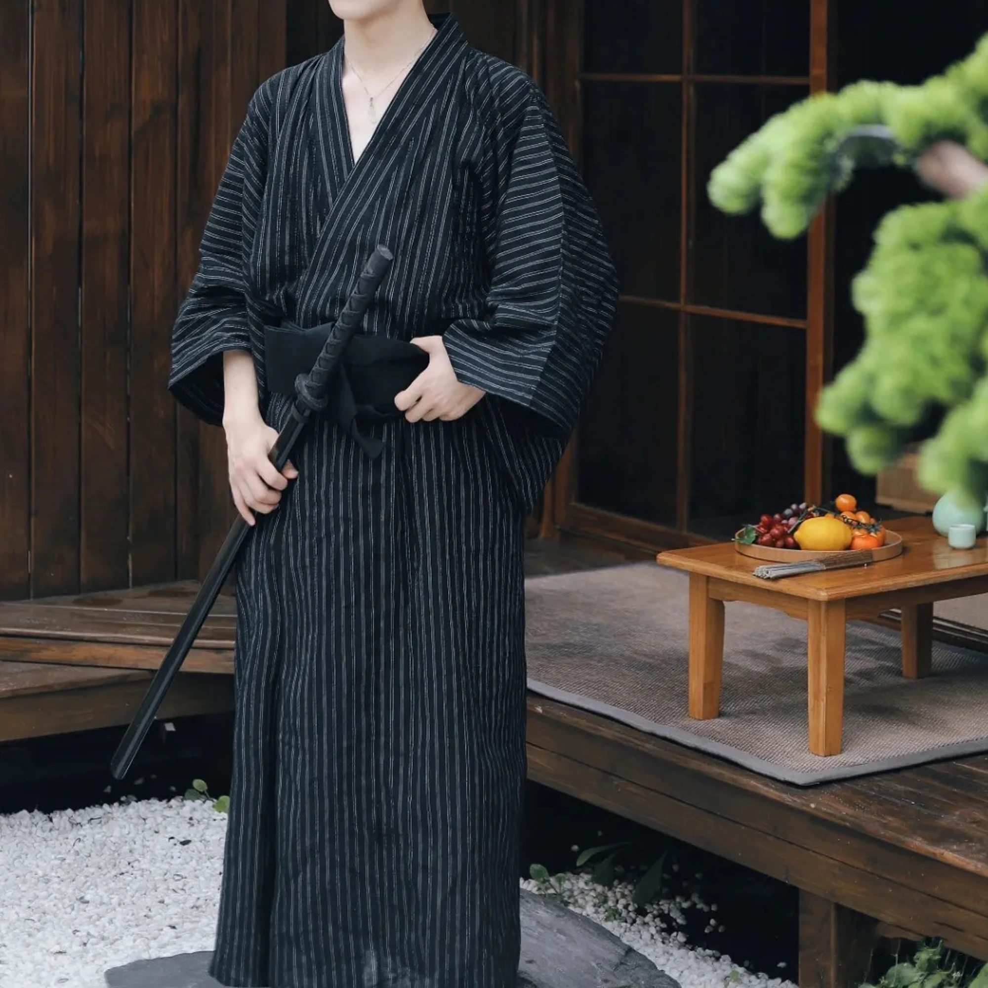 Black Summer Navy Japanese Traditional Samurai Kimono For Men Yukata Bathing Robe Hekoobi Loose Style Homewear Long Gown Cotton