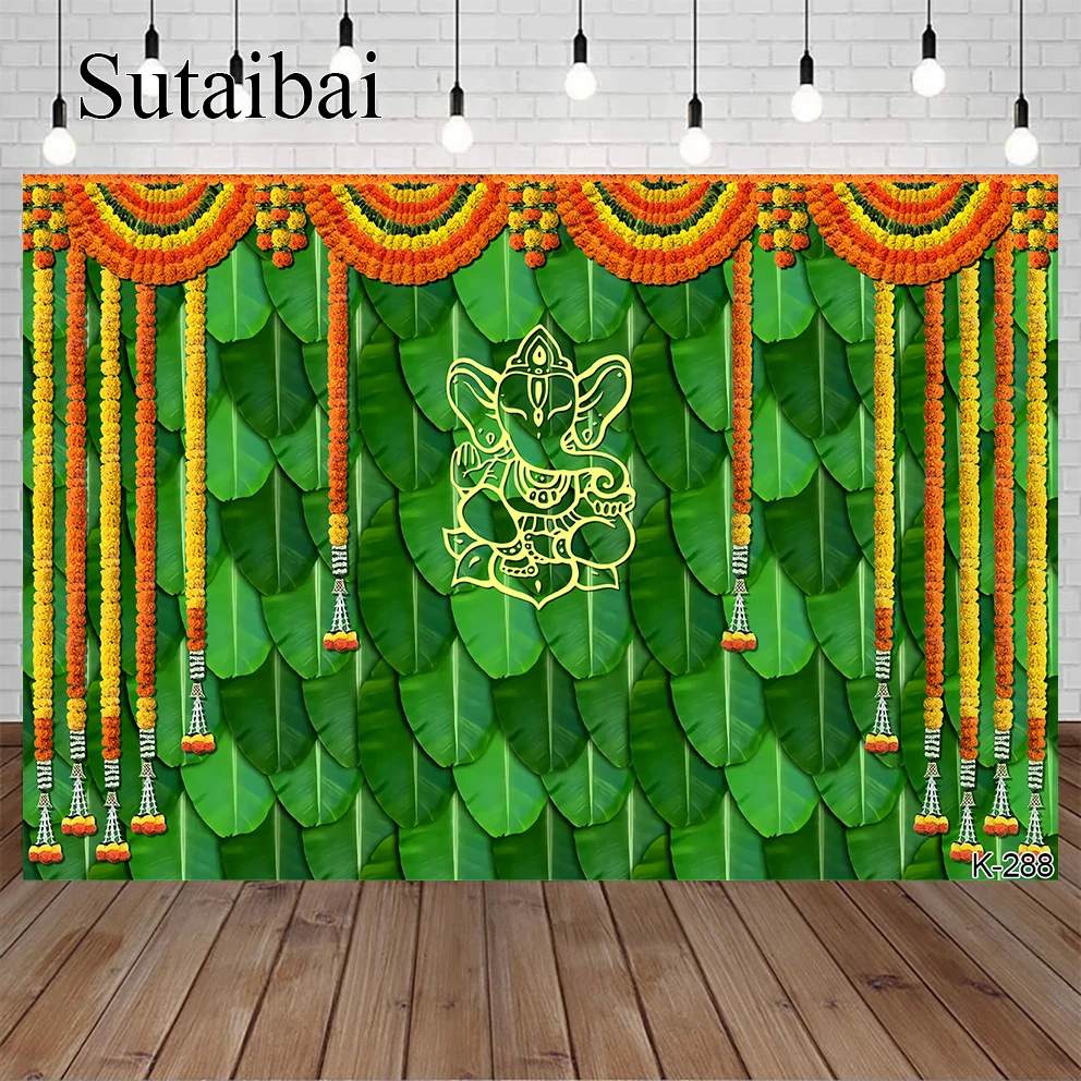 

India Pooja Traditional Photography Backdrop Banana Leaf Green Chatiya Ganesh Background Marigold Puja Ganpati Wedding Tapestry