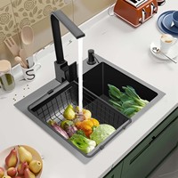 201 Stainless Steel Kitchen Sink Set 45x40x20cm Black Rectangular with Drainpipe Faucet Drain Basket Soap Dispenser