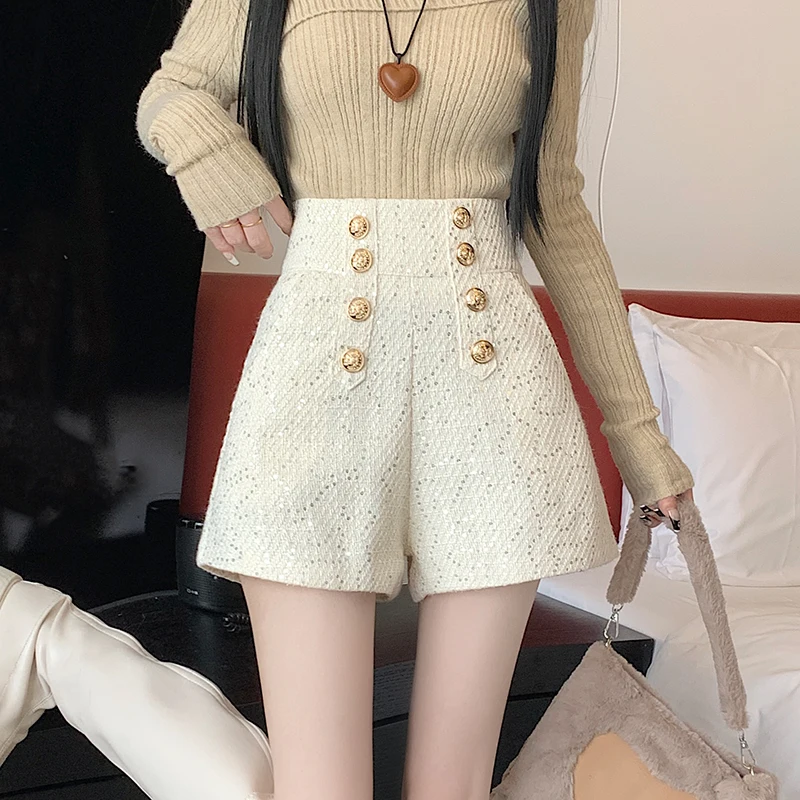 شورت تويد نسائي مزين بالترتر ، ملابس شارع ، خصر مرتفع ، لطيف ، فضفاض ، ساق واسعة ، كوري ، موضة ، شتاء ، Y2K