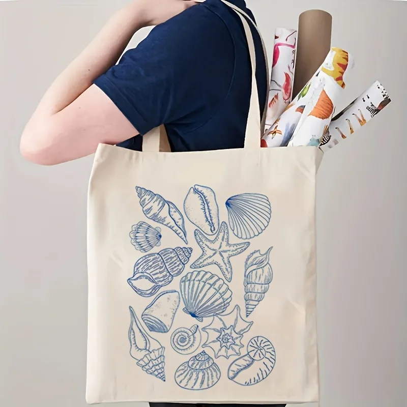 2026 Starfish and Shell Pattern Canvas Women'S Tote Bag Retro Marine Animal HandBag Ocean Enthusiast Gift Birthday Gift