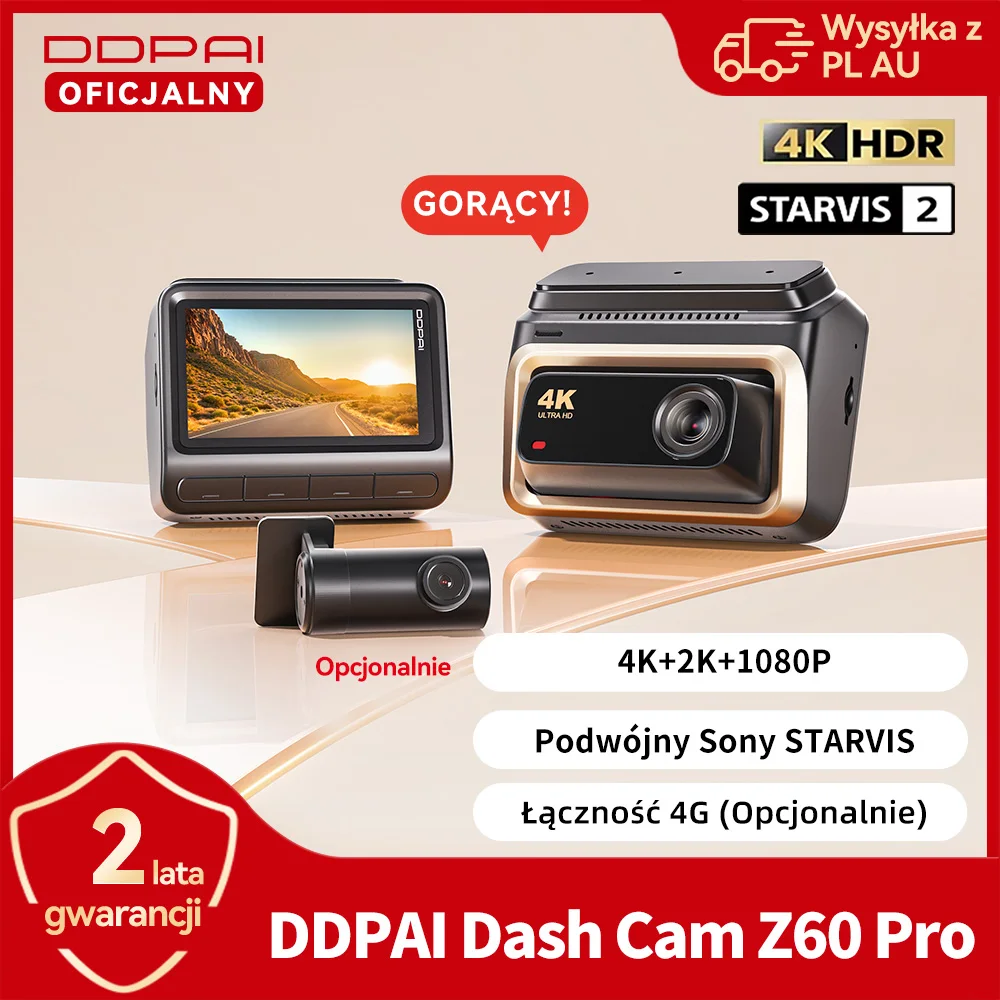 Kamera samochodowa wideorejestrator samochodowy DDPAI Z60 Pro 4K z sensorem SONY STARVIS2 678, WiFi 5GHz, ADAS, obsługą 4G GPS, kamera przednia, tylna i wewnętrzna kamera samochodowa rejestrator