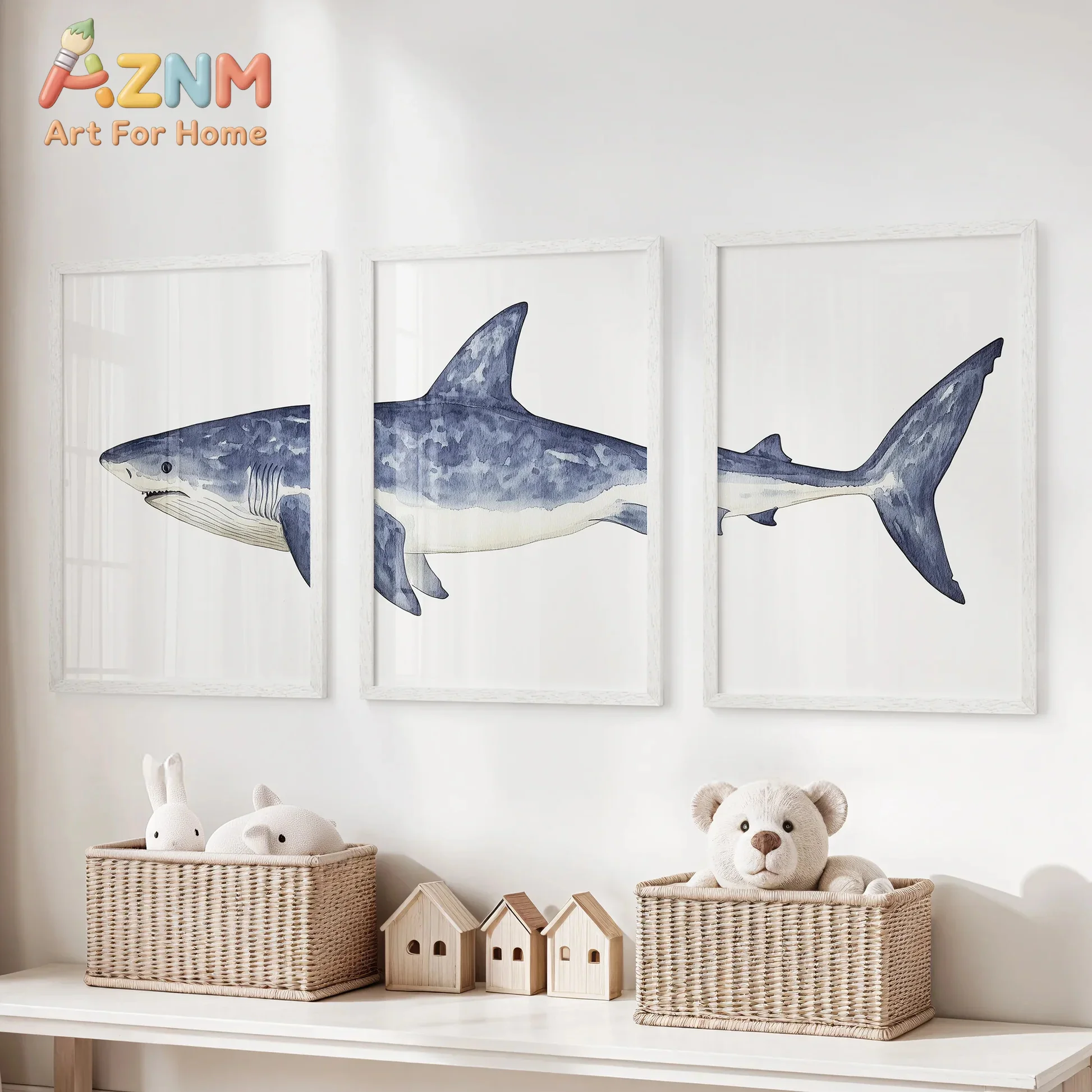 AZNM Shark Canvas Wall Art Ocean Animal Watercolor Blue Style Frameless Canvas Painting Boys Nursery Kids Room Home Decor Poster