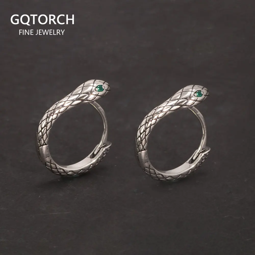 Vintage Fashion 925 Sterling Silver Snake Hook Earrings dla mężczyzn i kobiet Zircon Green Eyes Punk Hip Hop Biżuteria