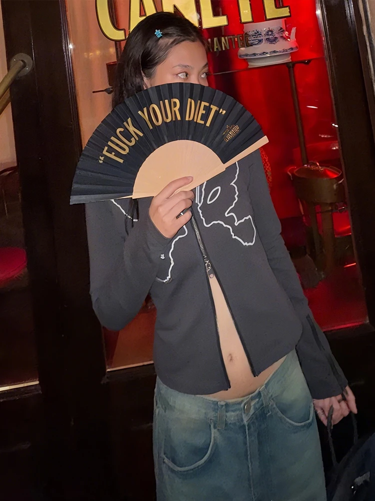 Bizarre chat décontracté papillon imprimé veste femmes quotidien classique Patchwork manches longues Double fermeture éclair tendance sport élastique manteau de rue