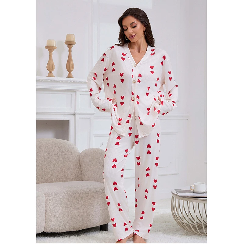 

Женский свободный удобный комплект домашней одежды, весенне-осенние пижамы с длинными рукавами, маленький кардиган с принтом сердца, одежда для сна с круглым вырезом