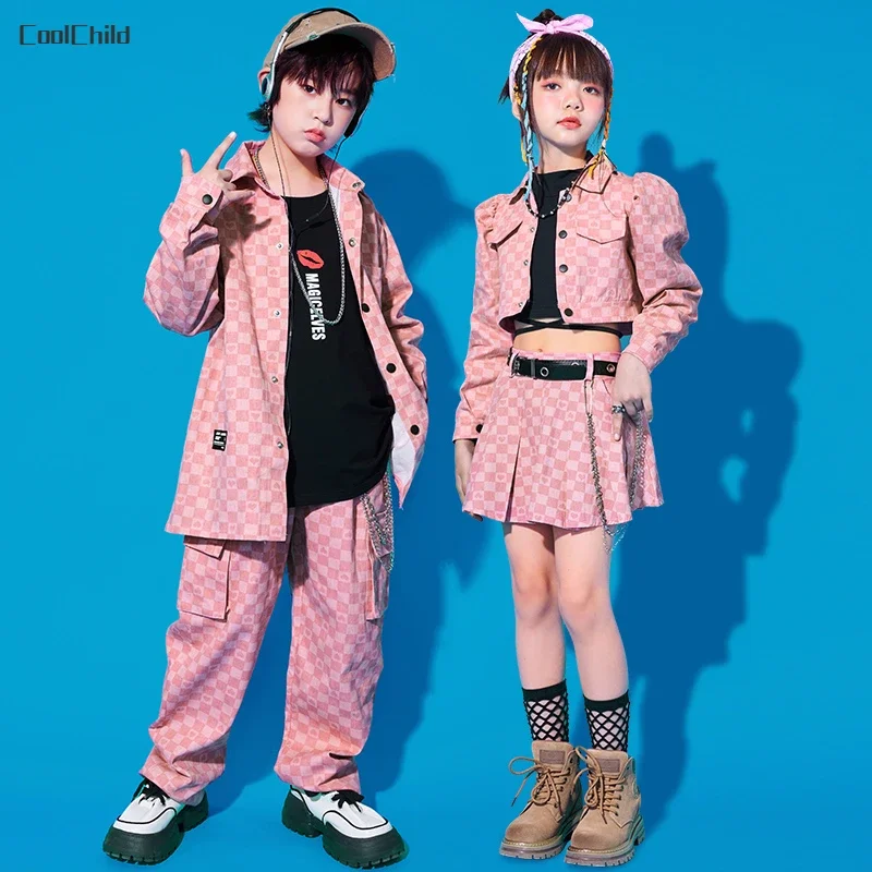 Boys Hip Hop Jacket Cargo Pants Girls Lovely Puff Sleeve Coat Street Dance Skirts Clothes Set Kids Streetwear Child Jazz Costume