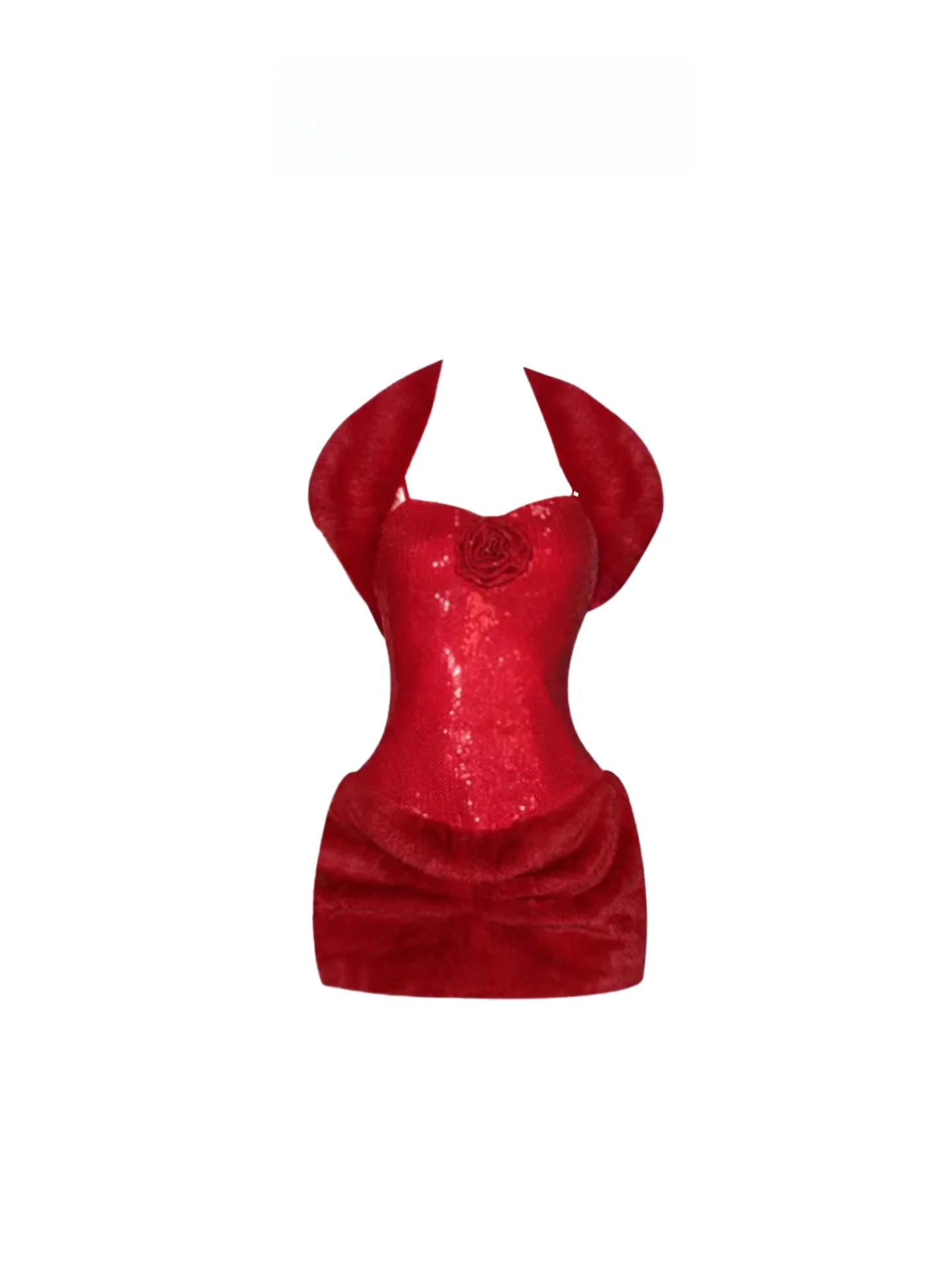 

Рождественское красное платье с пайетками и 3D-цветами, женский комплект из двух предметов с плюшевыми вставками на плечах, элегантный облегающий крой, короткая юбка, дизайн на одно плечо