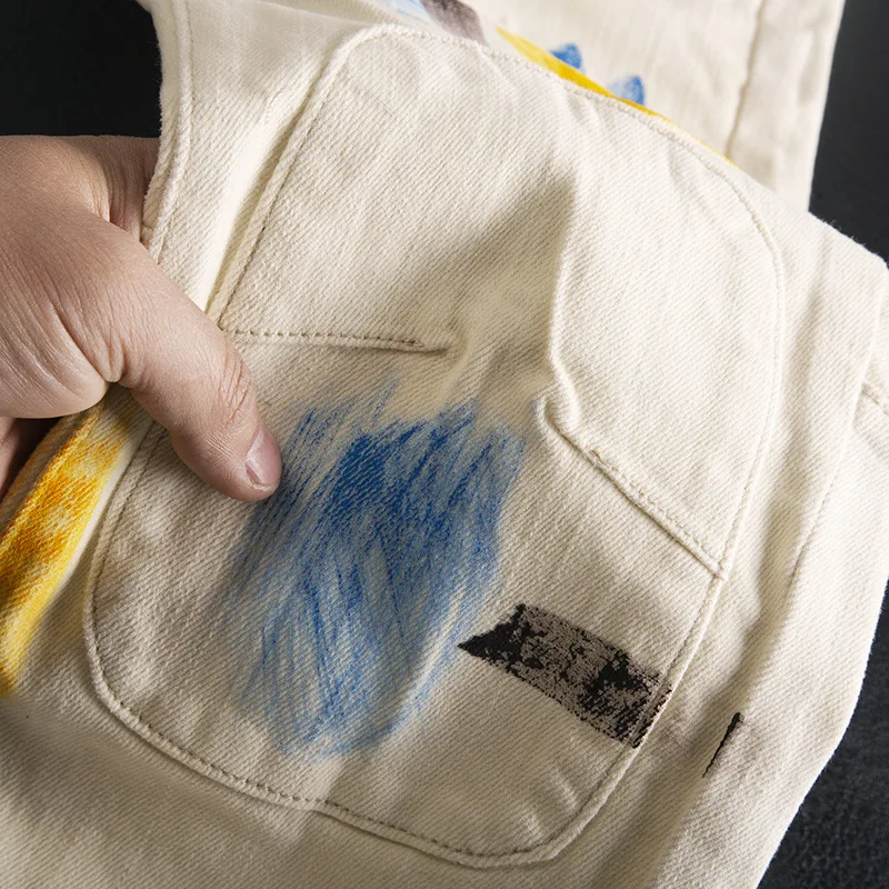 Graffiti printed patchwork jeans men's beige trendy brand high-end stretch slim fit small foot heavyweight denim pants