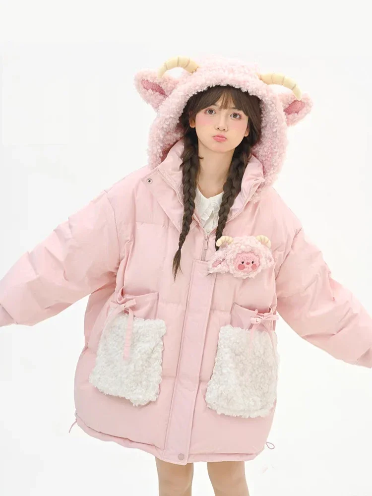 Sweet Sheep Cute Hooded Cotton-padded Warm Coat Women Jacket Autumn And Winter Super Thick Trend Cute Fun Cotton-padded Clothes