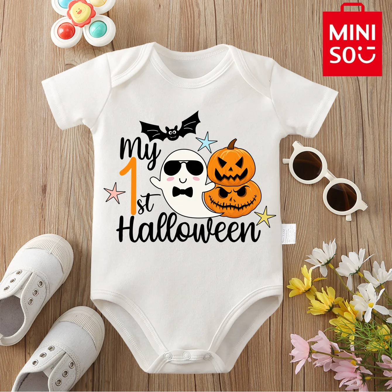 

MINISO My First Halloween Bodysuit Ghost Print Soft 100% Cotton Cloths for Baby Onesie Jumpsuit for 0 To 12 Months Newborn