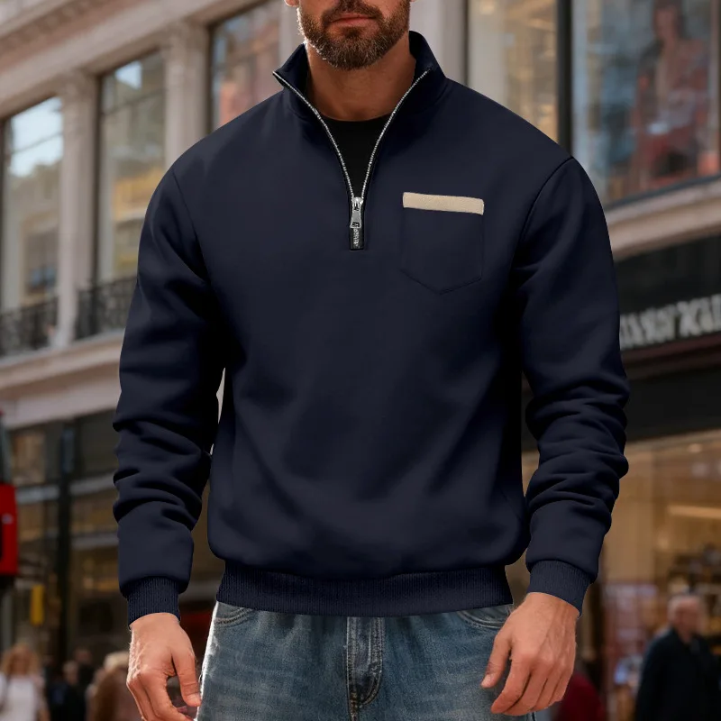 2025 cross-border autumn and winter men's heavy-duty velvet simple retro half-zipper stand-up collar loose casual sweater men