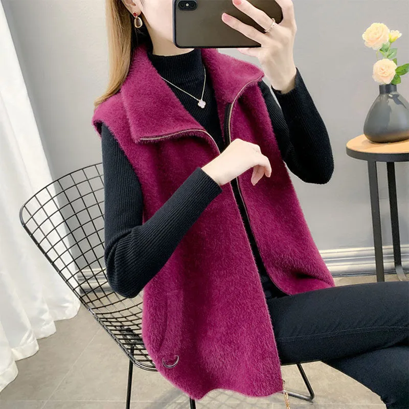 2024 New Autumn/Winter Imitation Mink Velvet Knitted Vest  Sleeveless Jacket Female Sweater CoatCasual Zipper Cardigan Waistcoat