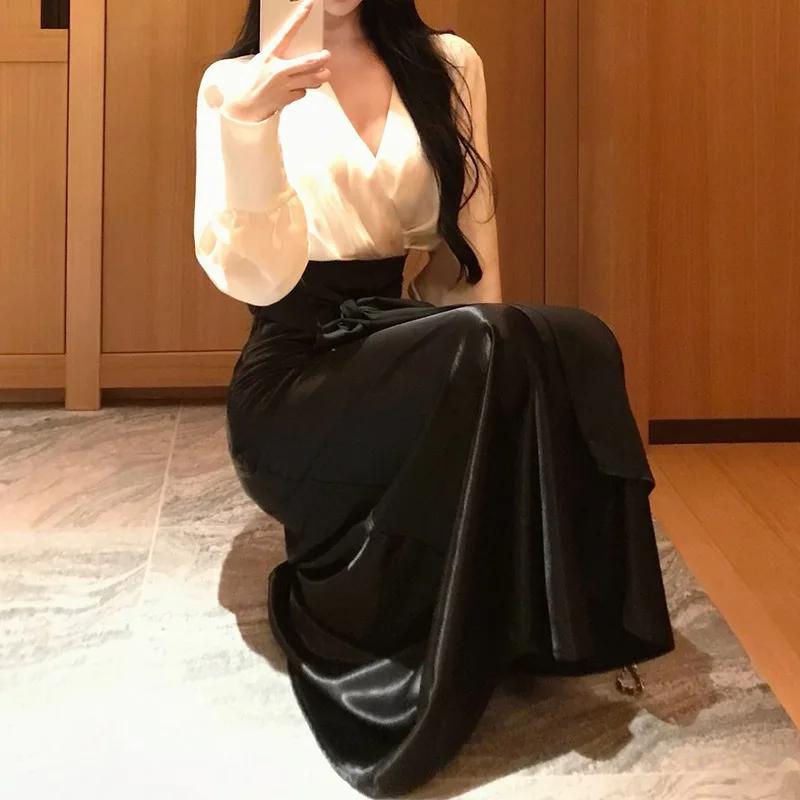 أنيقة الفرنسية هيبورن ملكة جمال كتلة اللون الخامس الرقبة Batwing كم قميص الخصر حزام التعادل طويلة الأكمام أعلى لخريف جديد وصول