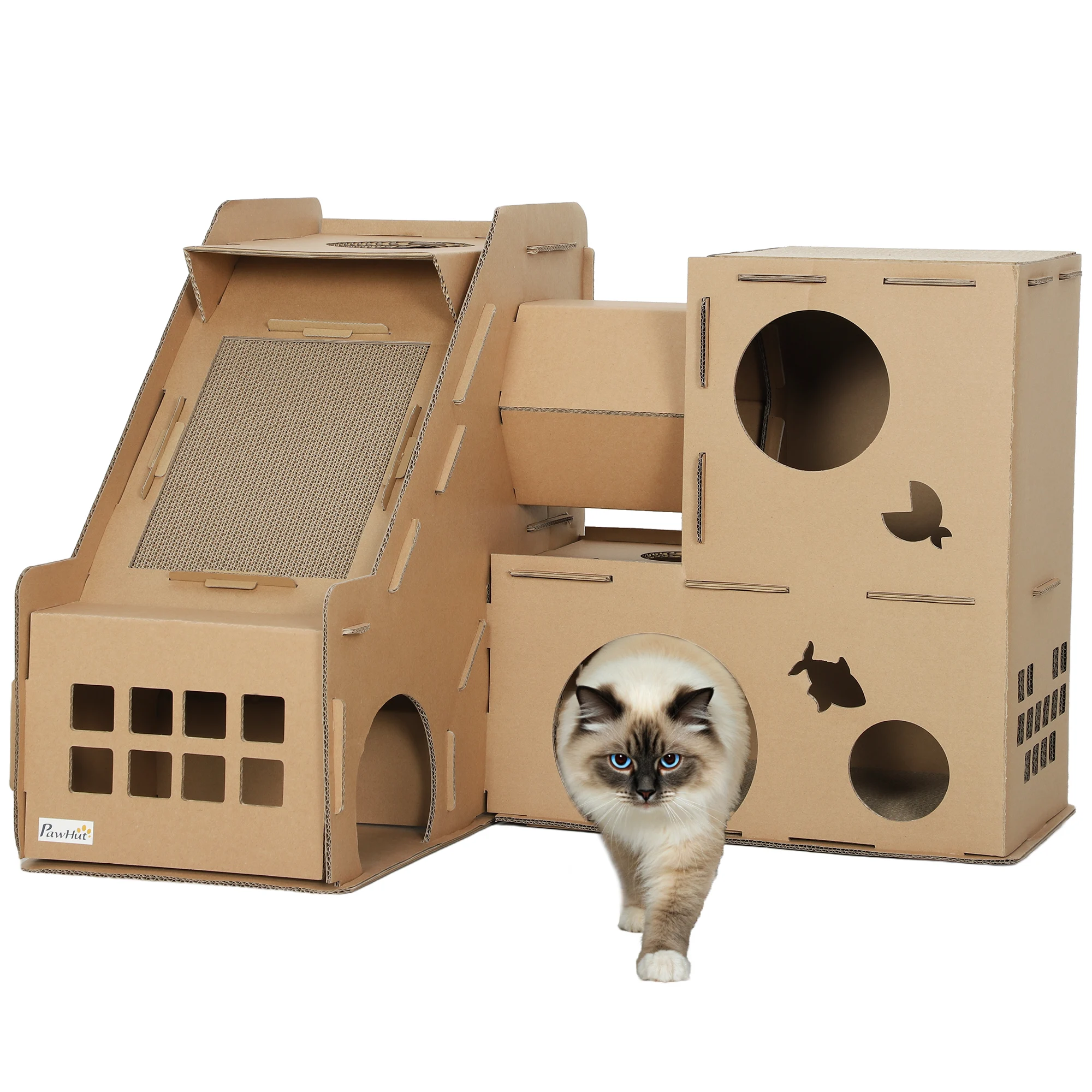 Pawhut Kartonnen Kattenhuis Kasteelvorm 2 Verdiepingen met 3 Krabplekken Tunnelhelling Inclusief Bruin Gras