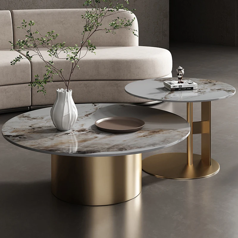 

Italian-Style Luxury Rock Slab Round Coffee And Stainless Steel Side Table Set For Home Living Room, Small Apartment