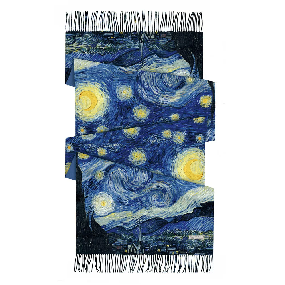 2024 French Winter Versatile Van Gogh Oil Painting Series Star Sky Apricot Flower Imitation Cashmere Lady Tour Shawl Warm Scarf