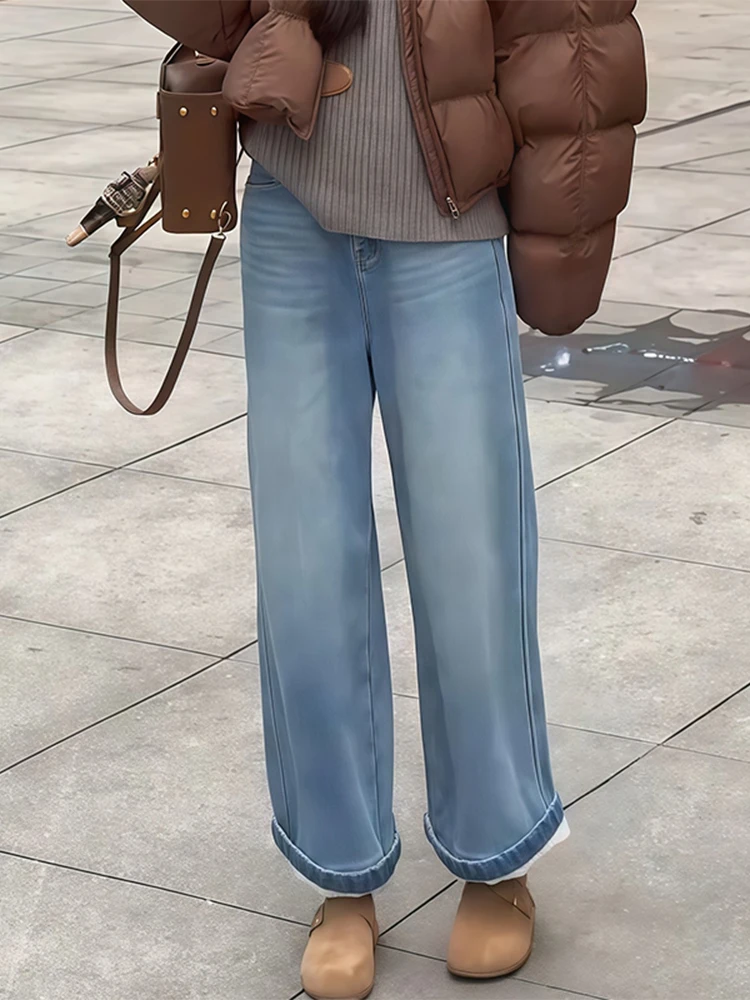 

Faionable Casual Breathable Comfortable Women's Jeans High Waist Wide Leg Pants Pure Color Autumn Winter Korean Sle