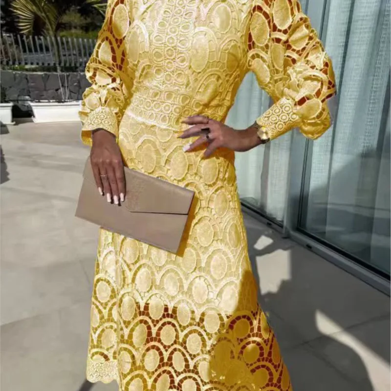 Lace Puff Sleeve Long Dress Women 2025 Spring Elegant New Fashionable Stand Collar High Waist Slim Dresses