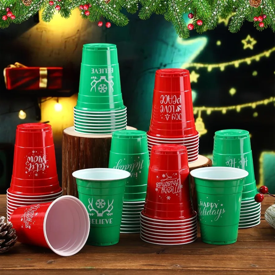 60 Pcs 16 oz Christmas Plastic Disposable Cups Bulk with Snowflake Elk Star Christmas Tree Designs for Holiday and Birthday Par