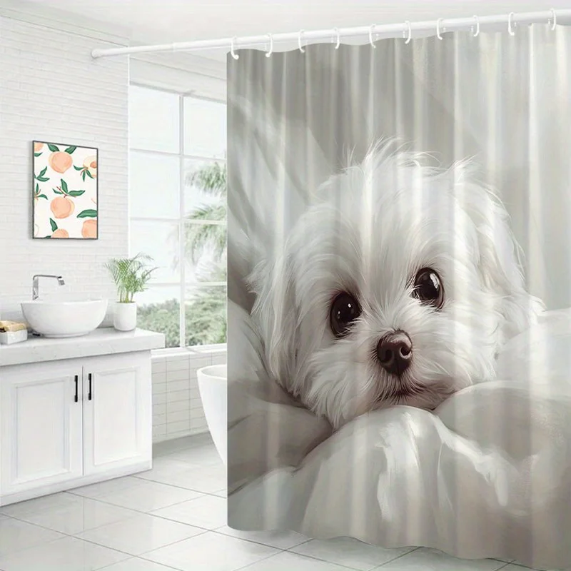 Waterproof Cute Puppy Shower Curtain Dog Lover Gift Bathroom Decor Pet Theme Shower Stall Curtain Wall Accessory Design