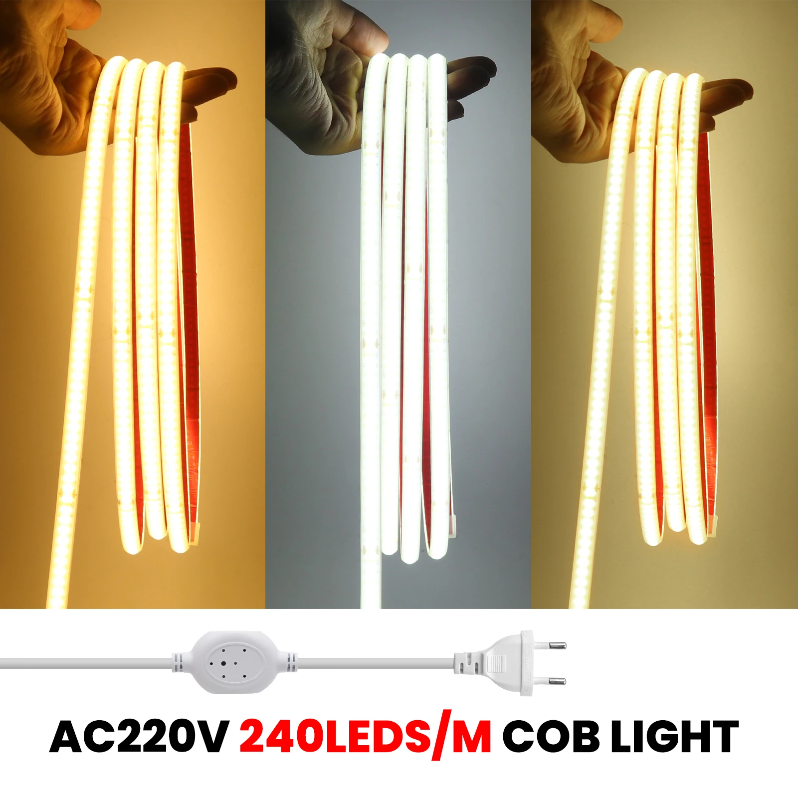 IP67 Waterproof AC 220V COB LED Strip Light With EU UK Plug Warm Natural White Flexible Tape Bright 240 LEDs/m 0.5m 35m 40m 100m