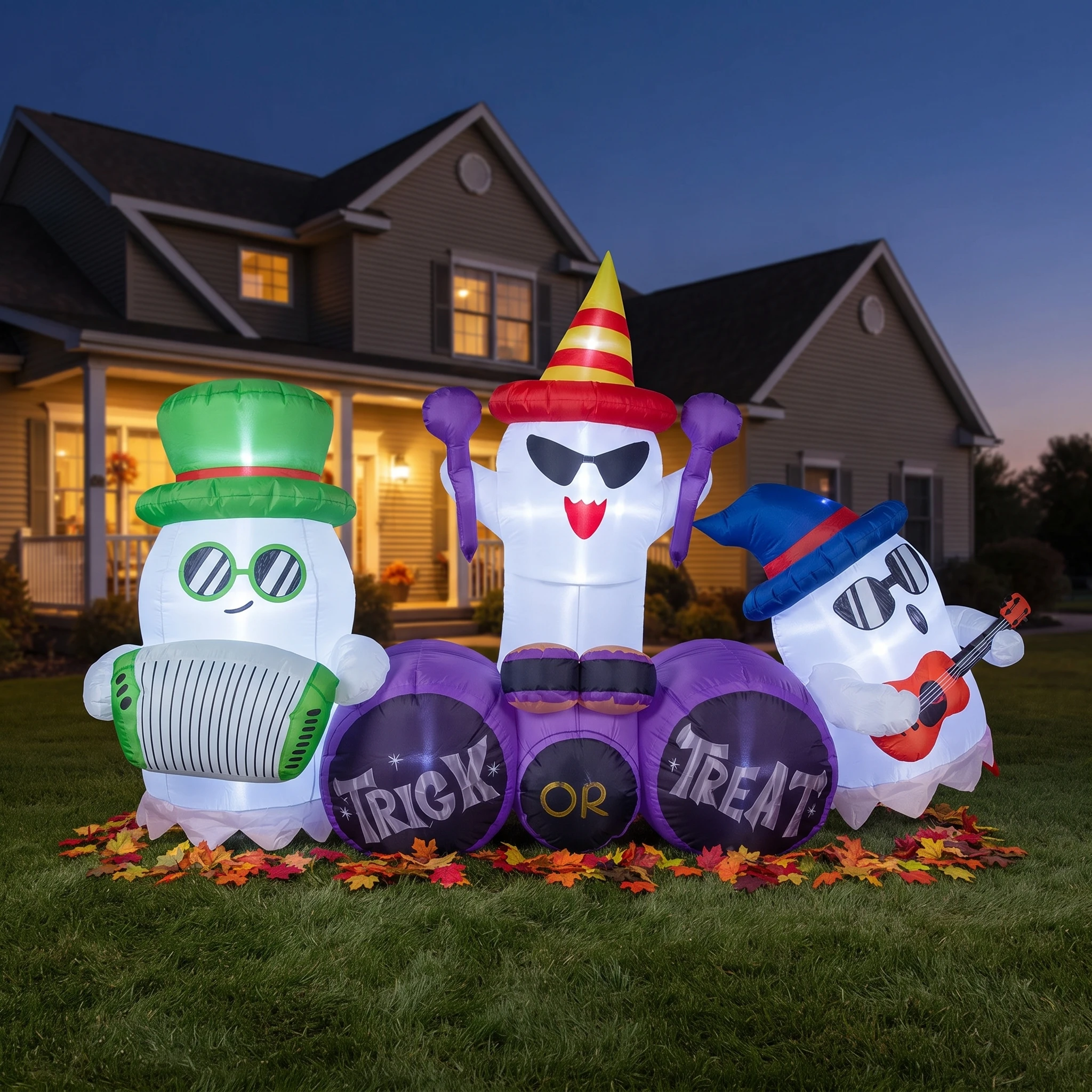 Trio di fantasmi gonfiabili per Halloween, 240 cm, decorazione da esterno per giardino con luci LED, pompa ad aria, base per il gioco del «dai dolcetto o dai lo scherzo», ornamento gonfiabile per il