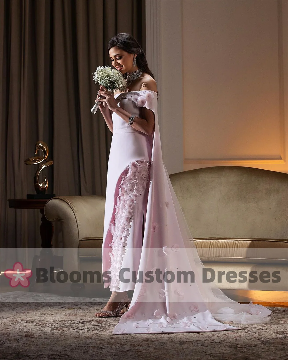 Blooms Luxury Off Shoulder Customized Prom Dress 3D Circle Flowers Beaded Party Evening Dresses Wedding Formal Occasion Gown