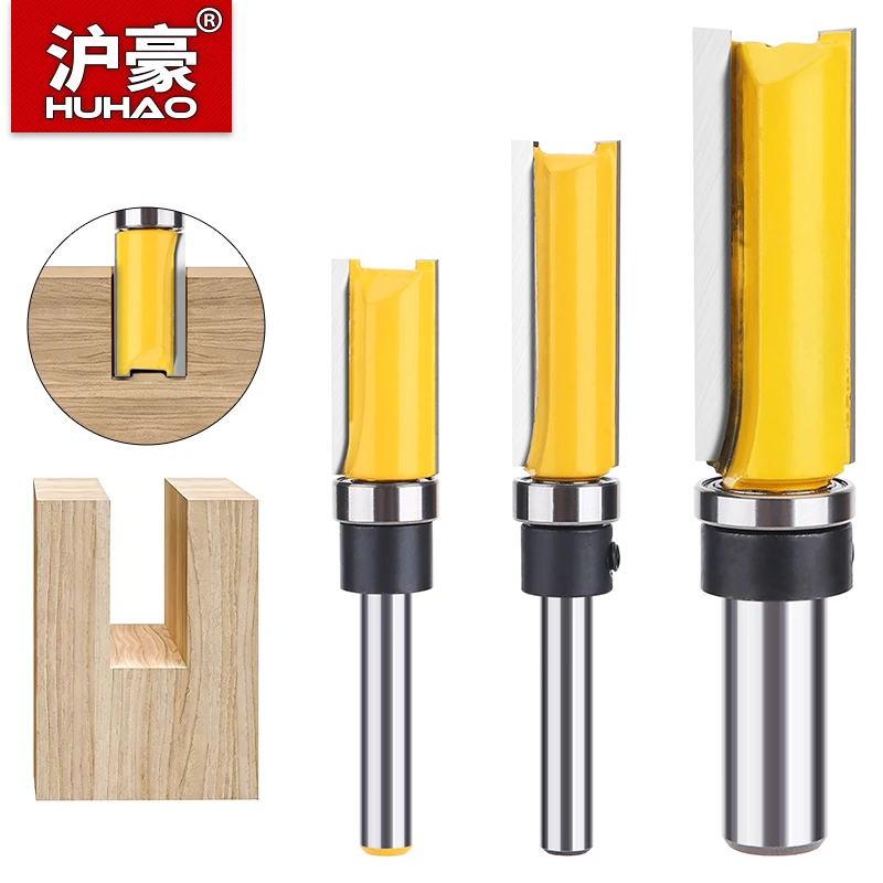 

HUHAO 1/4" 1/2" Shank Straight Router Bit Set with Bearing Yellow Profiling Cutter for Woodworking Trimming Carving Cutting