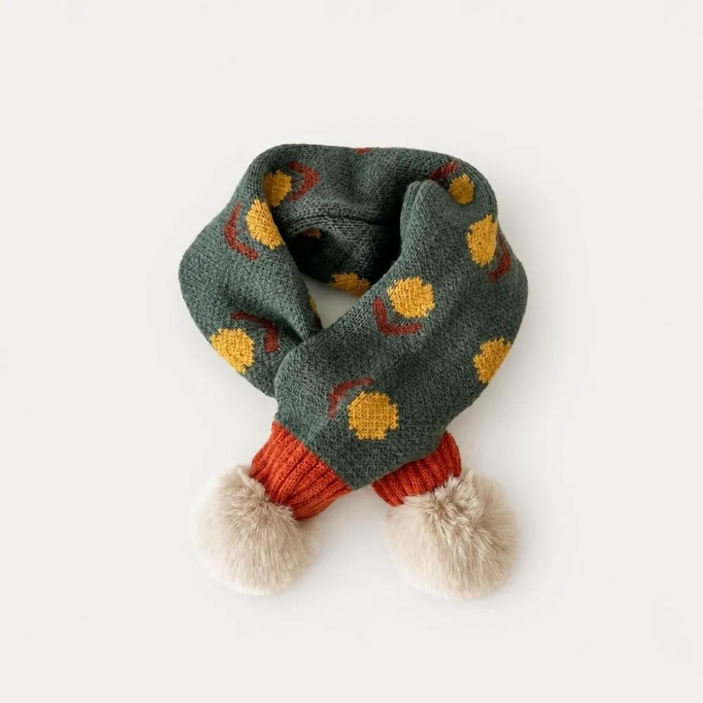 Jacquard Pattern Children Knitted Scarf Flower Print Windproof Winter Neckerchief Thick Pompon Boys Anti-Cold Scarf