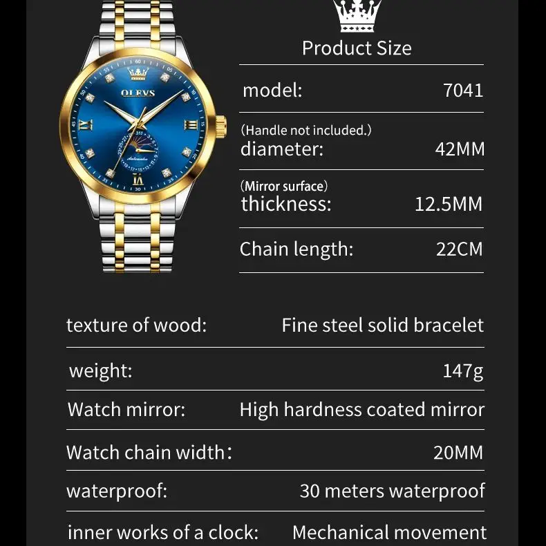 OLEVS 7041 ساعة ميكانيكية رجالية فاخرة جميع أوتوماتيكية للرجال أصلية مقاومة للماء ساعة Moonphase الماس ساعة رسمية للرجال