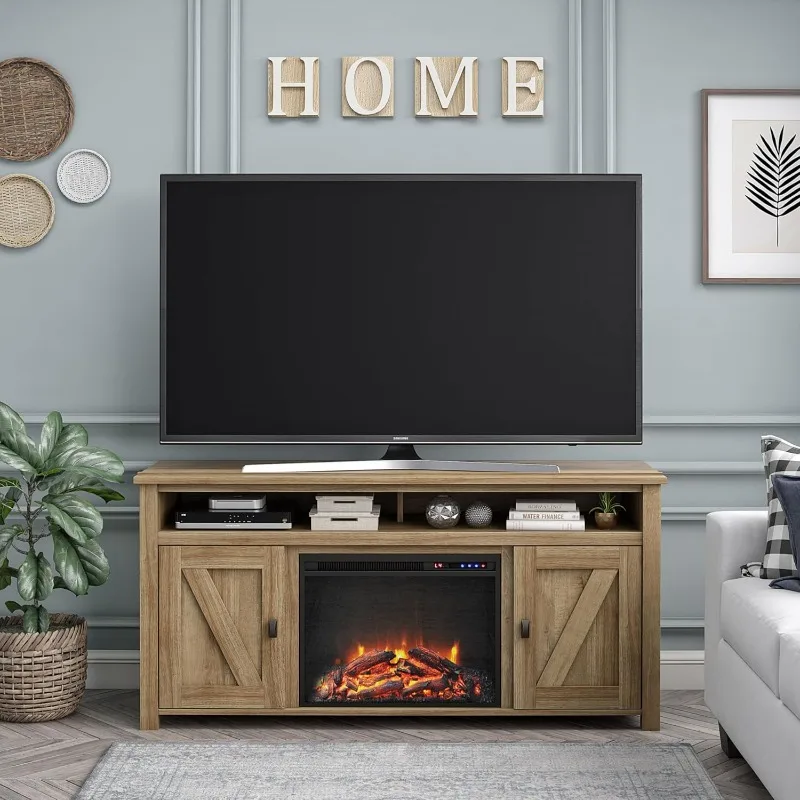 Fireplace TV Stand for TVs up to 60 Inch, Replaceable Electric Fireplace Insert Heater,Remote Control,Realistic Log Flame Effect