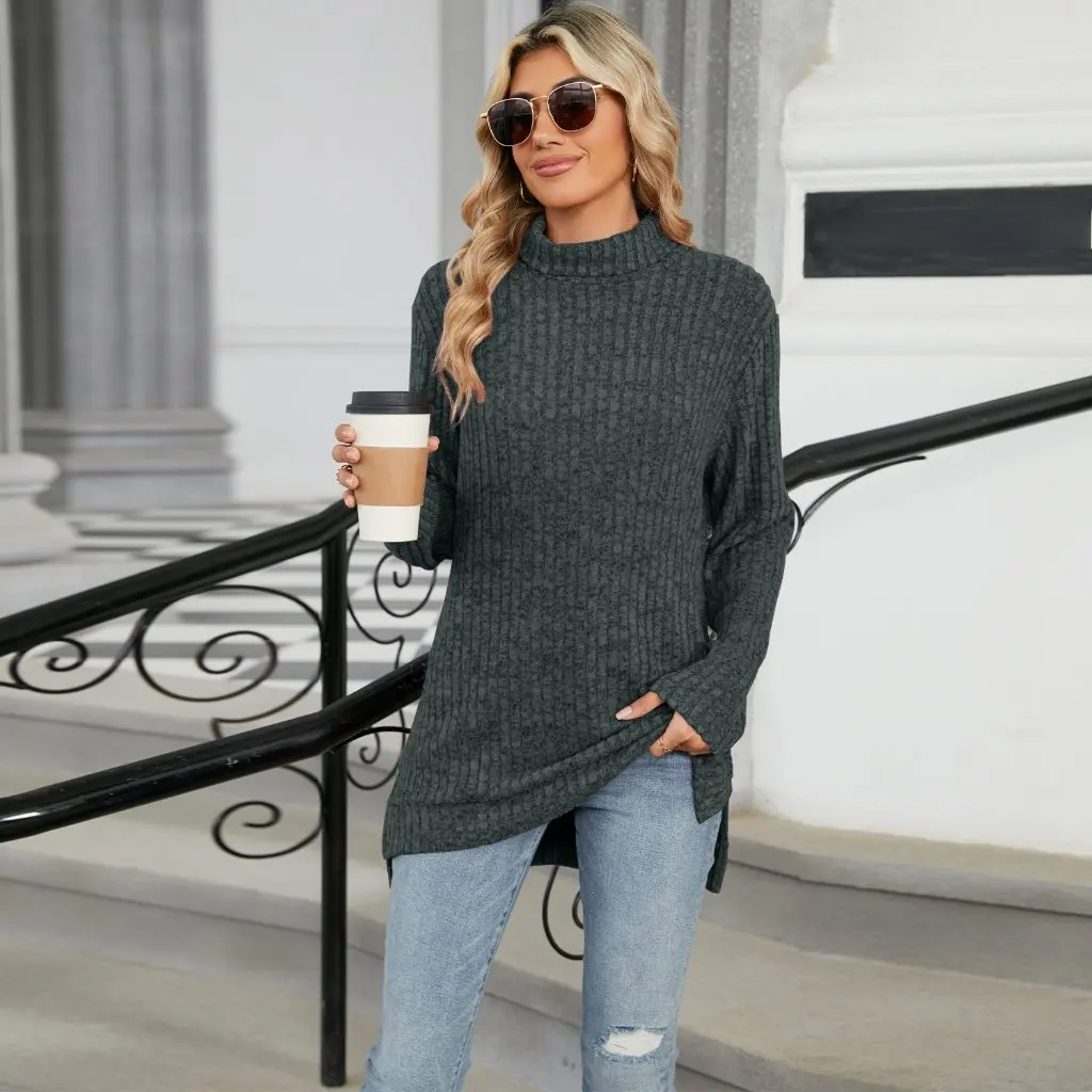 

Women's High Collar Long Sleeve T-Shirt Autumn Winter Loose Fit Split Design Top for