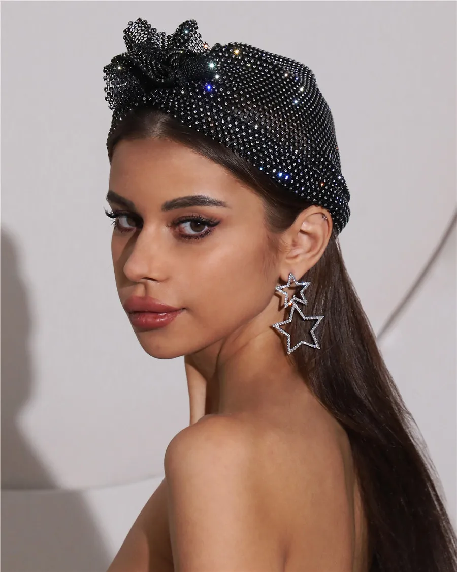 New Women Glitter Rhinestone Jewel Turban Hats Chemo Bandana Hijab Pleated Indian Cap Turbante Hat Ladies Hair Accessories Hat